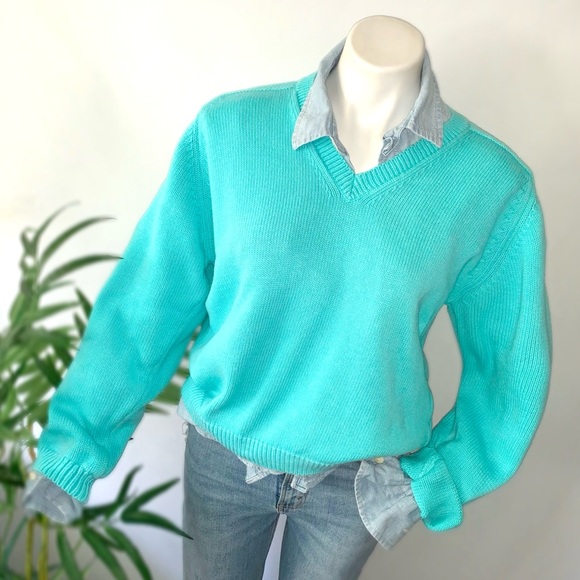 r e t r o :: Rad Vibrant Turquoise Cotton Ribbed Knit Sweater - Picture 1 of 10
